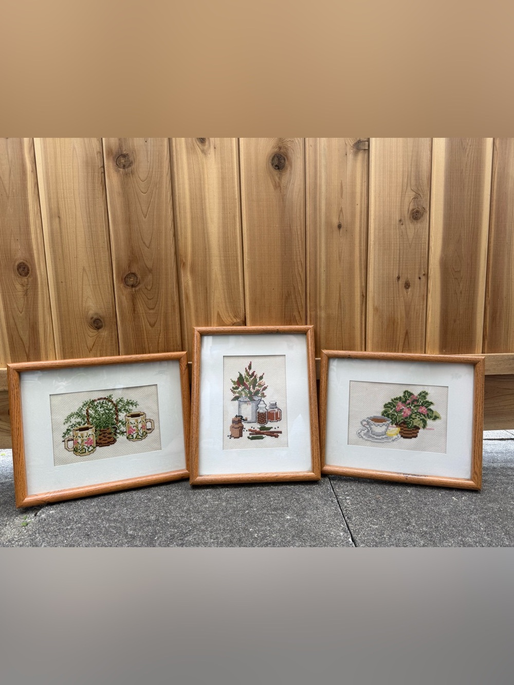 vintage framed embroidery Plants And Coffee Needlepoint Set Shabby Cottage Core
